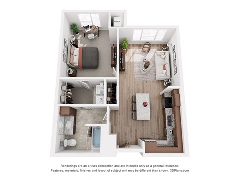 Floor plan for 1 bed, 1 bath, 765 sqft